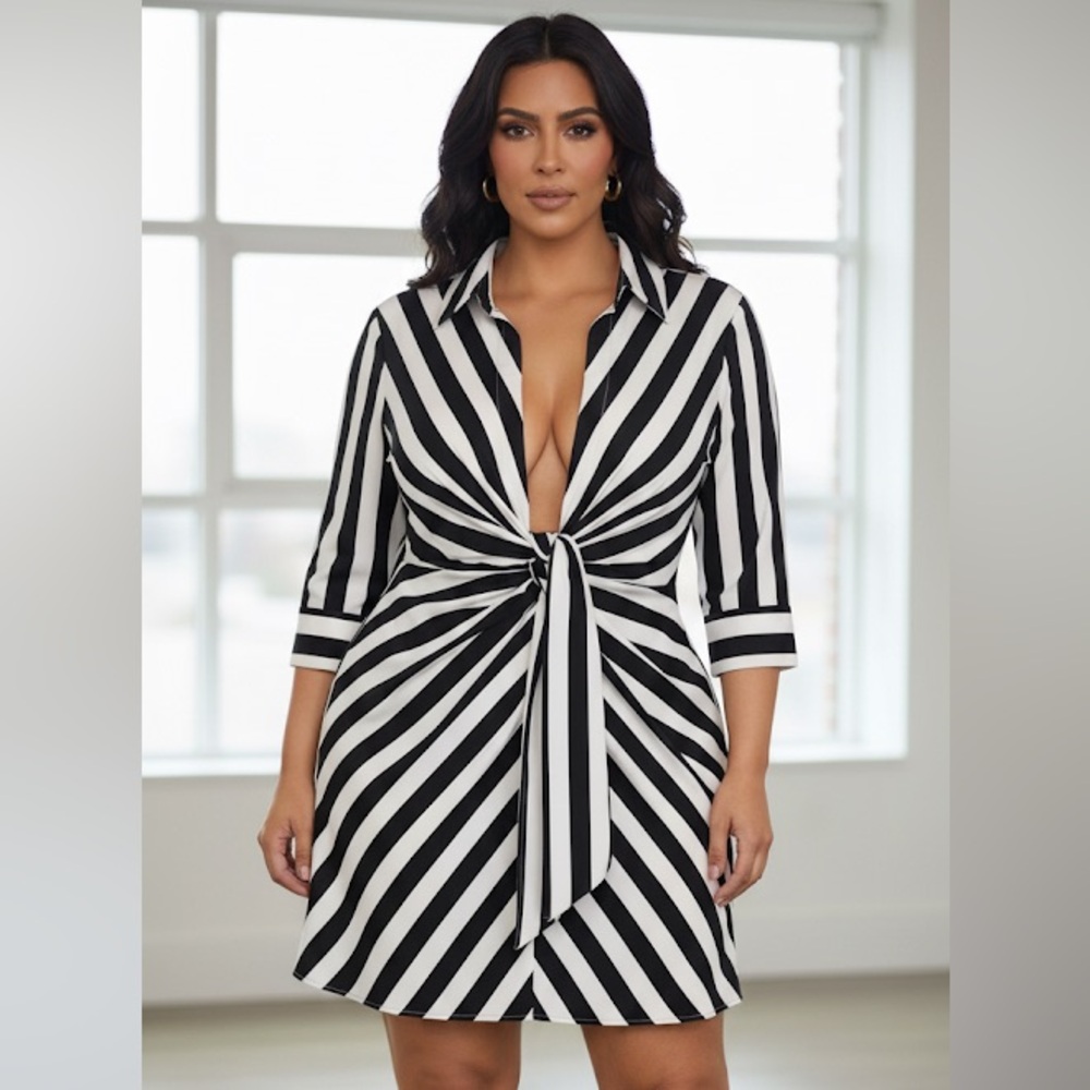 ‼️BLOGGERS FAV‼️LOWCUT SHIRT DRESS TWIST TIE BLACK WHITE STRIPE‼️NEW